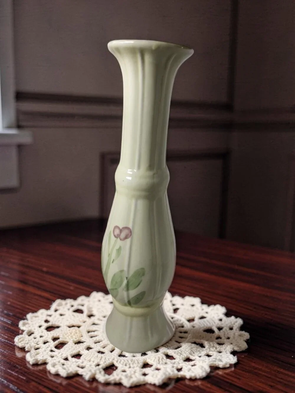 Vintage 1981 FTDA Ivory Ceramic Slender Tall Hand Painted Floral Motif Vase